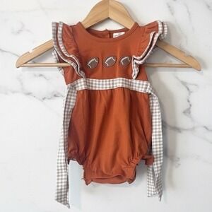 Abby & Evie Baby Girl Football Outfit Romper Ruffle Sleeves Gingham 6m NWOT